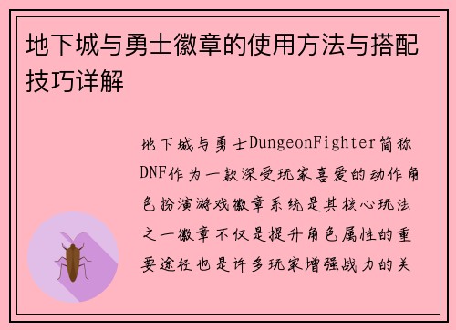 地下城与勇士徽章的使用方法与搭配技巧详解 地下城与勇士徽章的使用方法与搭配技巧详解